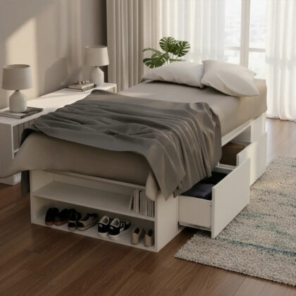 Cama BOX 1 plaza Con Cajones Y estantes
